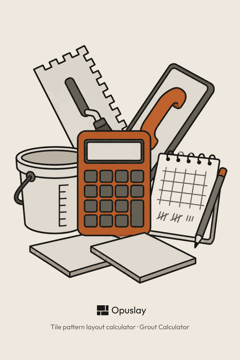 Grout Calculator — illustration of a tiler's toolkit with loose tiles